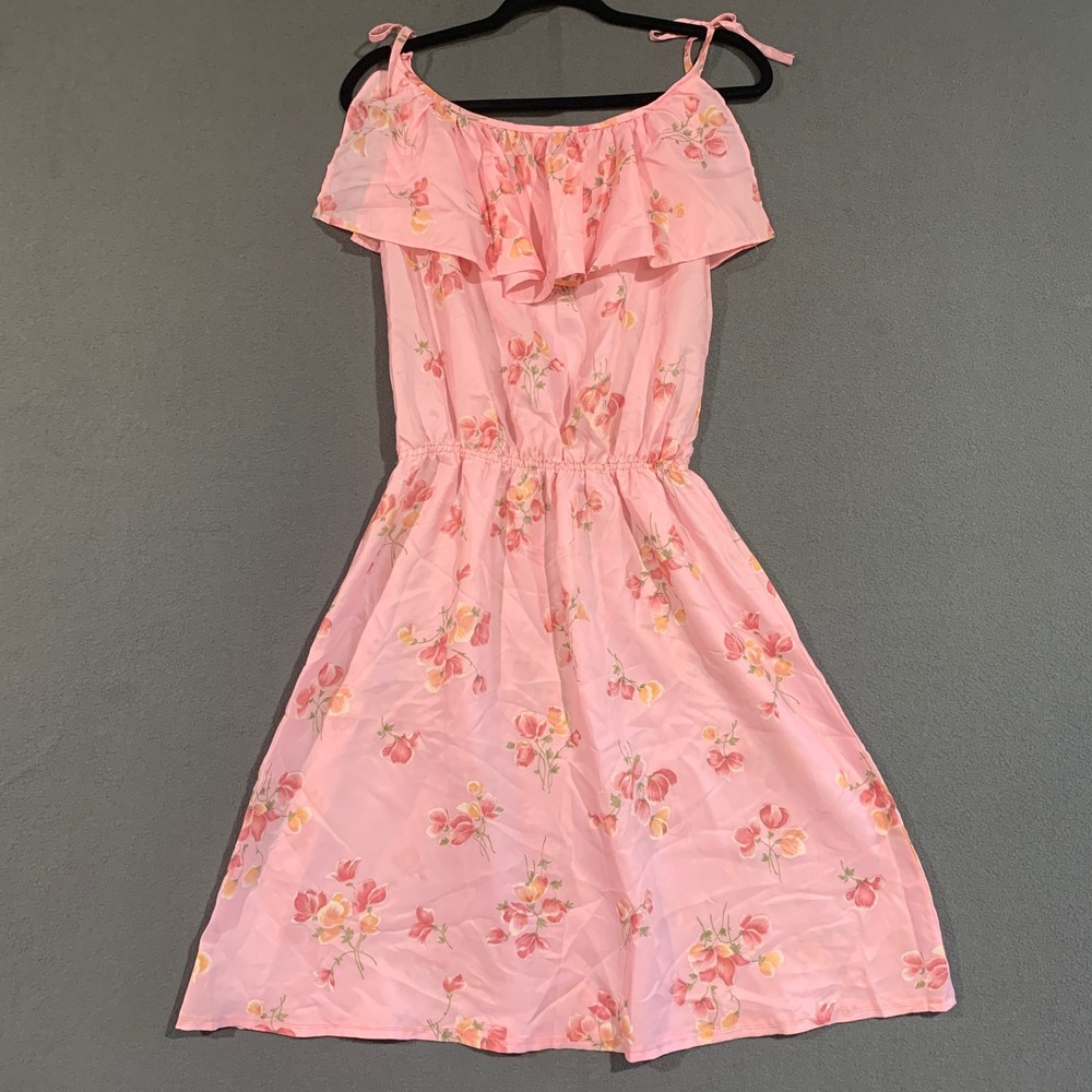 Vintage Pink Floral Dress Ruffle Tie Shoulder Spaghetti Strap Sundress Womens XS